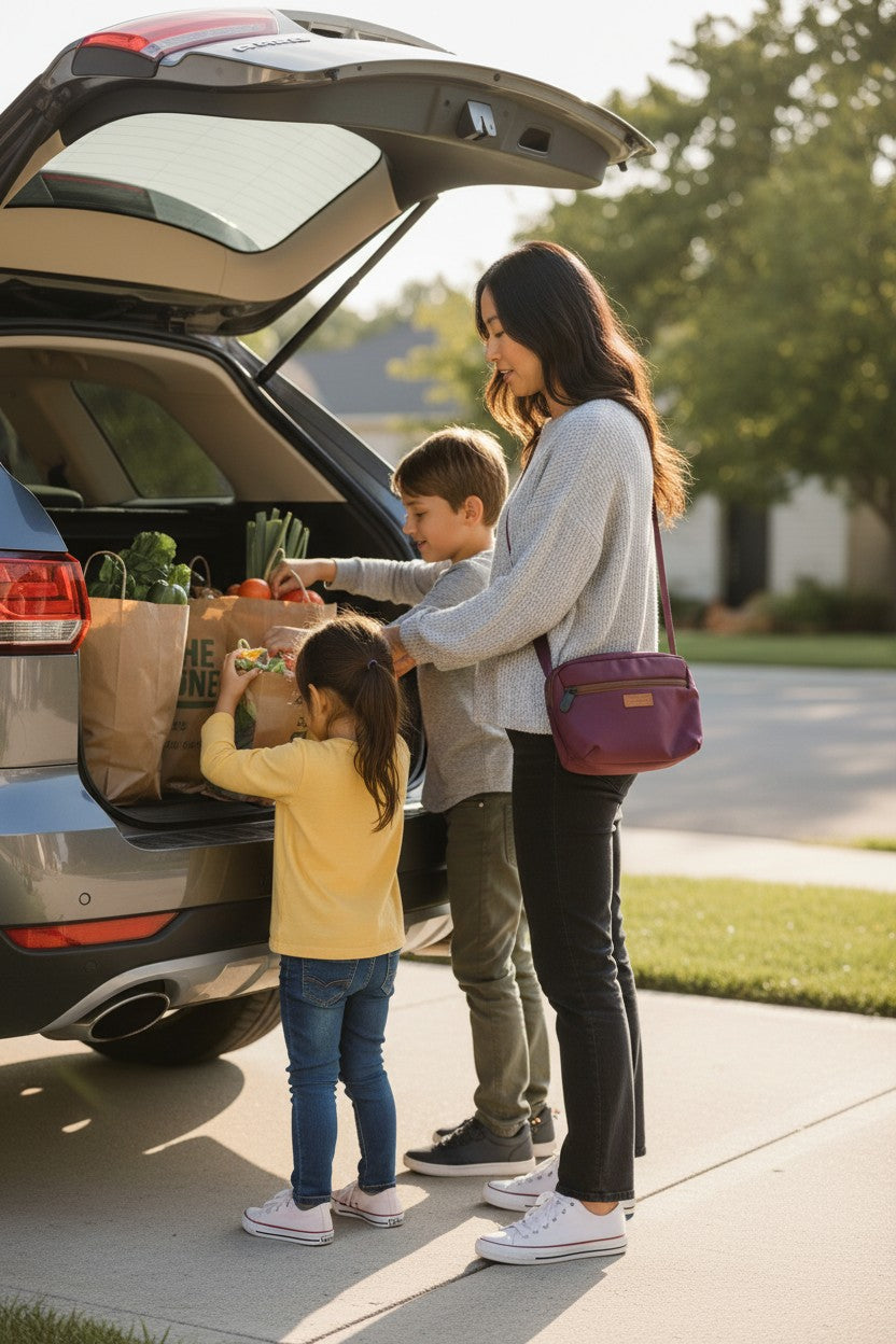 A woman walking on a urban street wearing a small sling bag