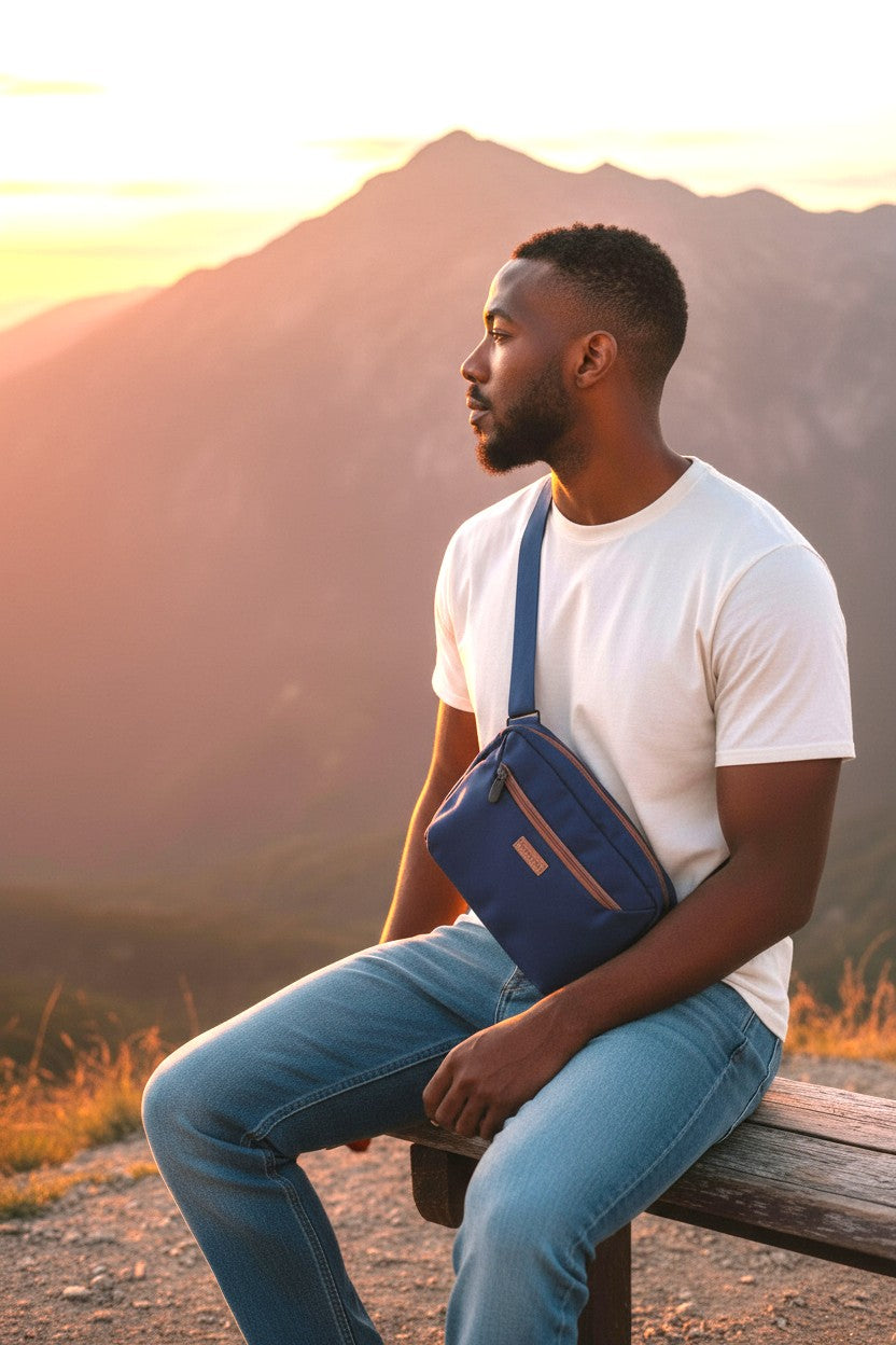 A man sitting on a bench wearing the large sling bag looking out into the mountains
