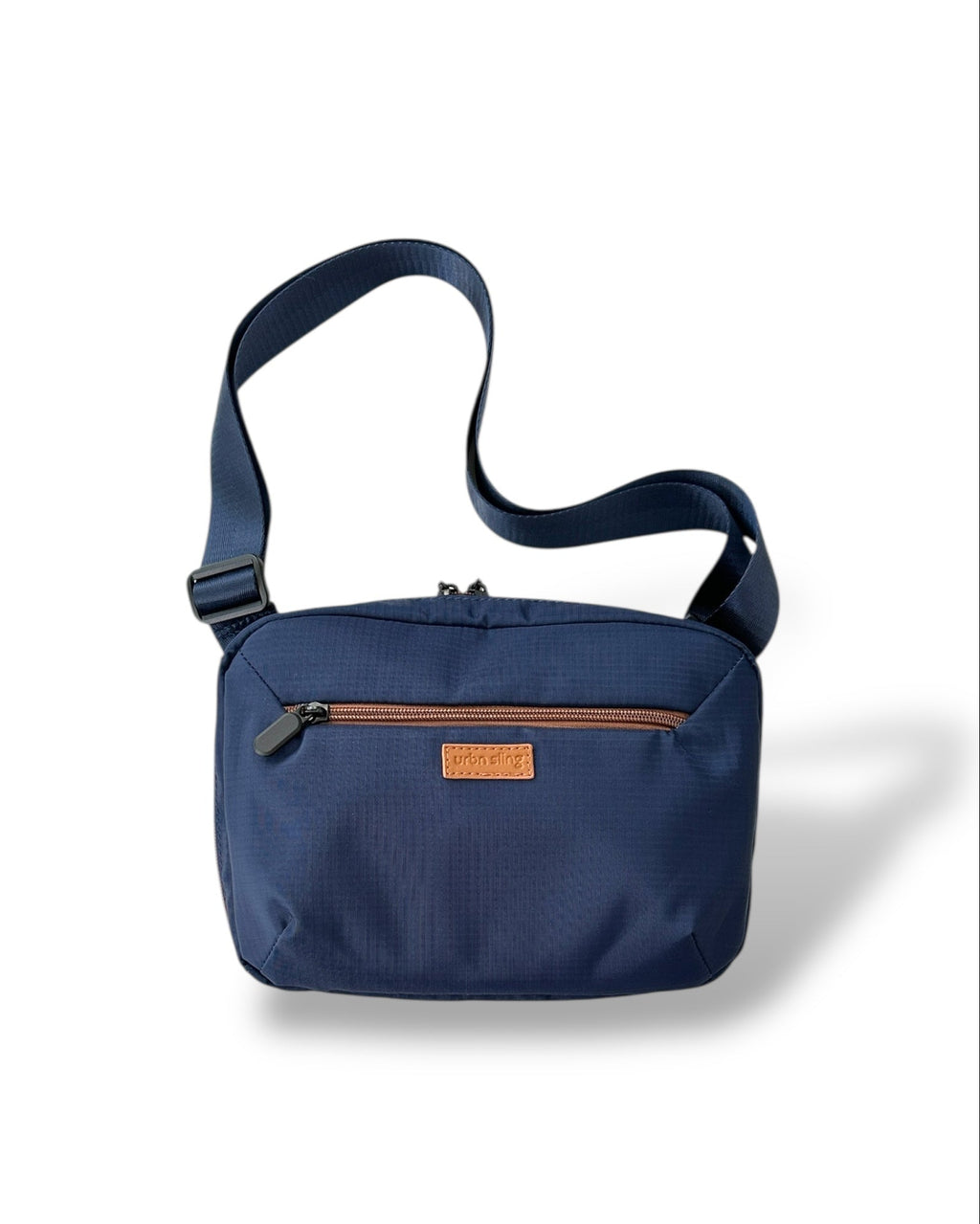 Go Beyond large sling bag in navy blue textured fabric with strap